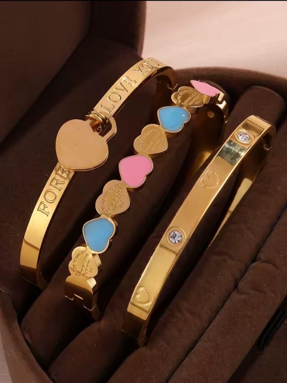 Luxury Gold Heart Enamel Bangle Set with Pink & Blue Accents